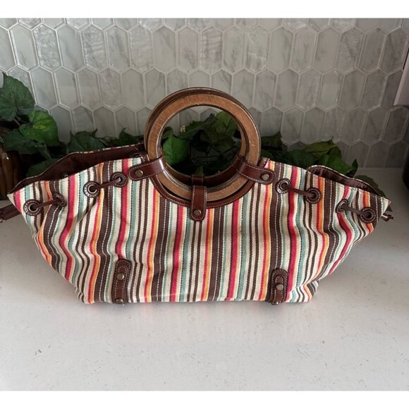 Striped Canvas Wooden Handle Boho Tote Bag With Leather Accents - Picture 1 of 7